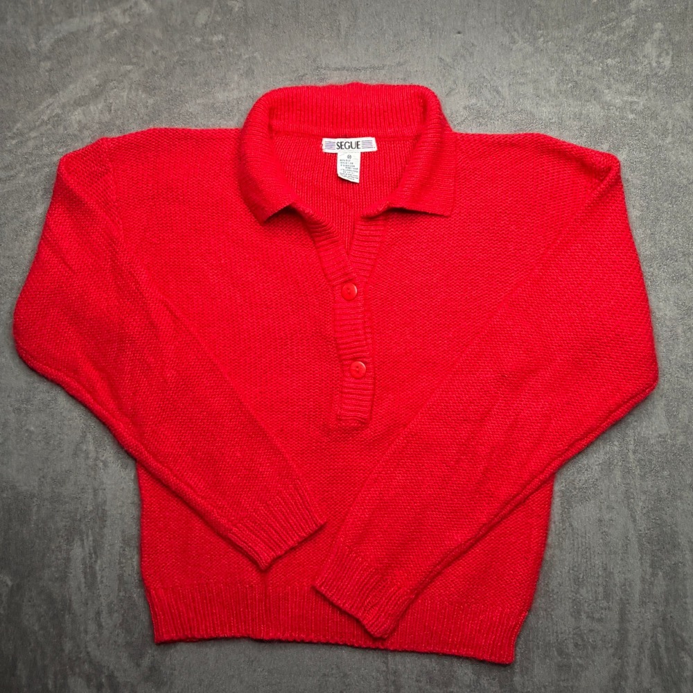 Vtg 90s Segue Pullover Sweater Womens Sz M Red Silk Angora Collared Henley Knit